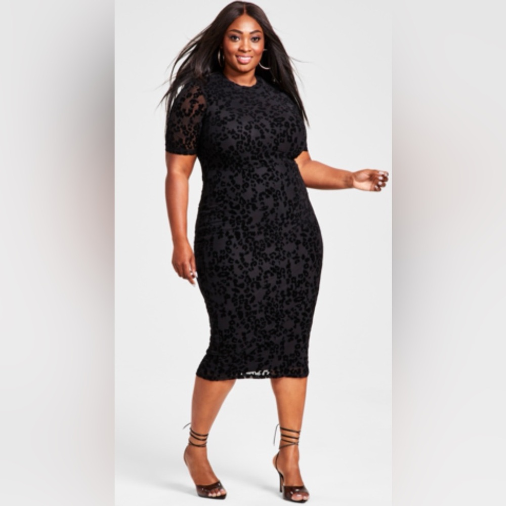 Nina Parker Plus Size Black Stretchy Leopard-Print Flocked-Velvet Midi Dress R13